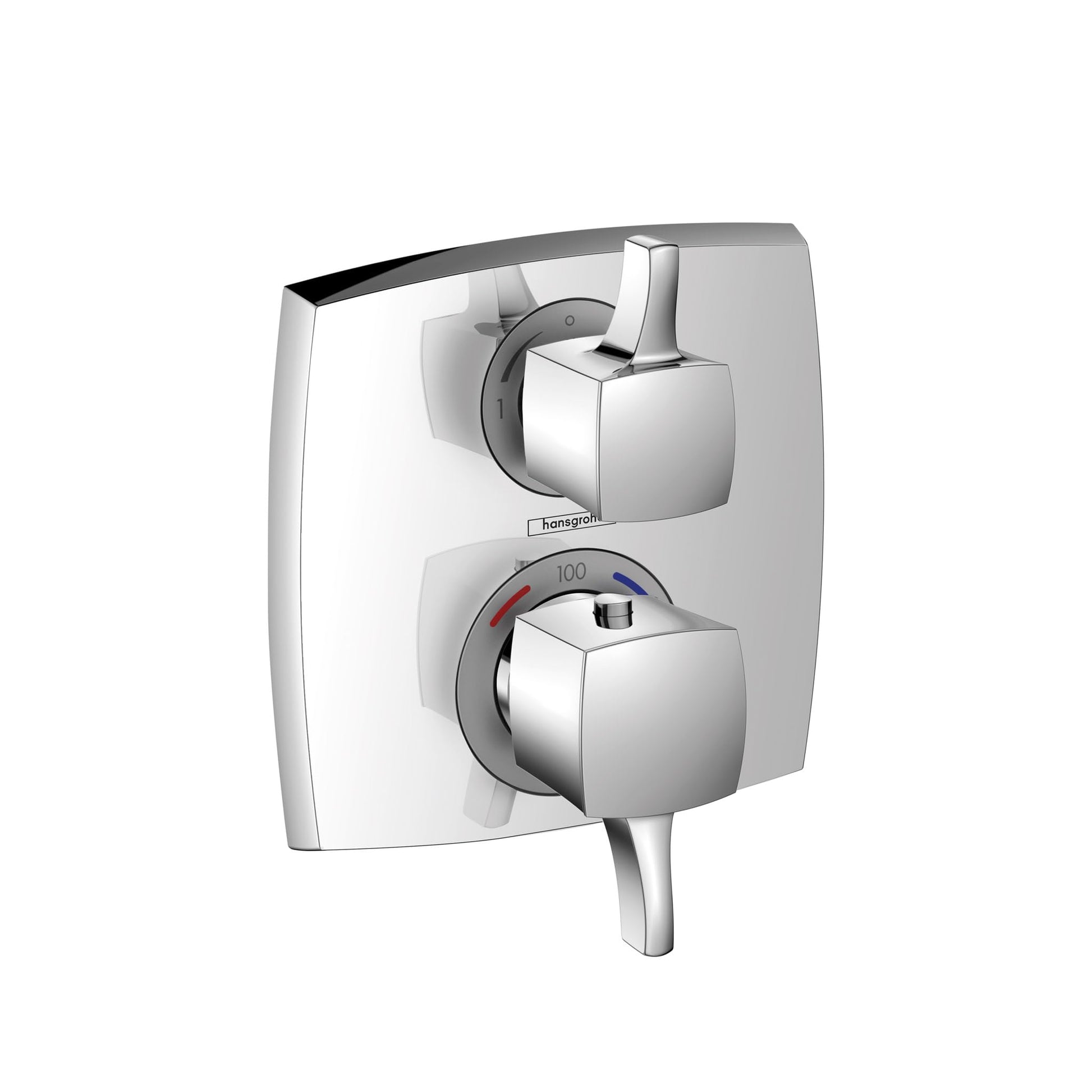 Chrome square thermostatic trim with upper lever handle and lower rotary volume control dial marked with temperature indicato