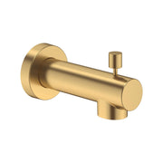 Brushed gold tub spout with diverter lever and wall-mounted round flange.