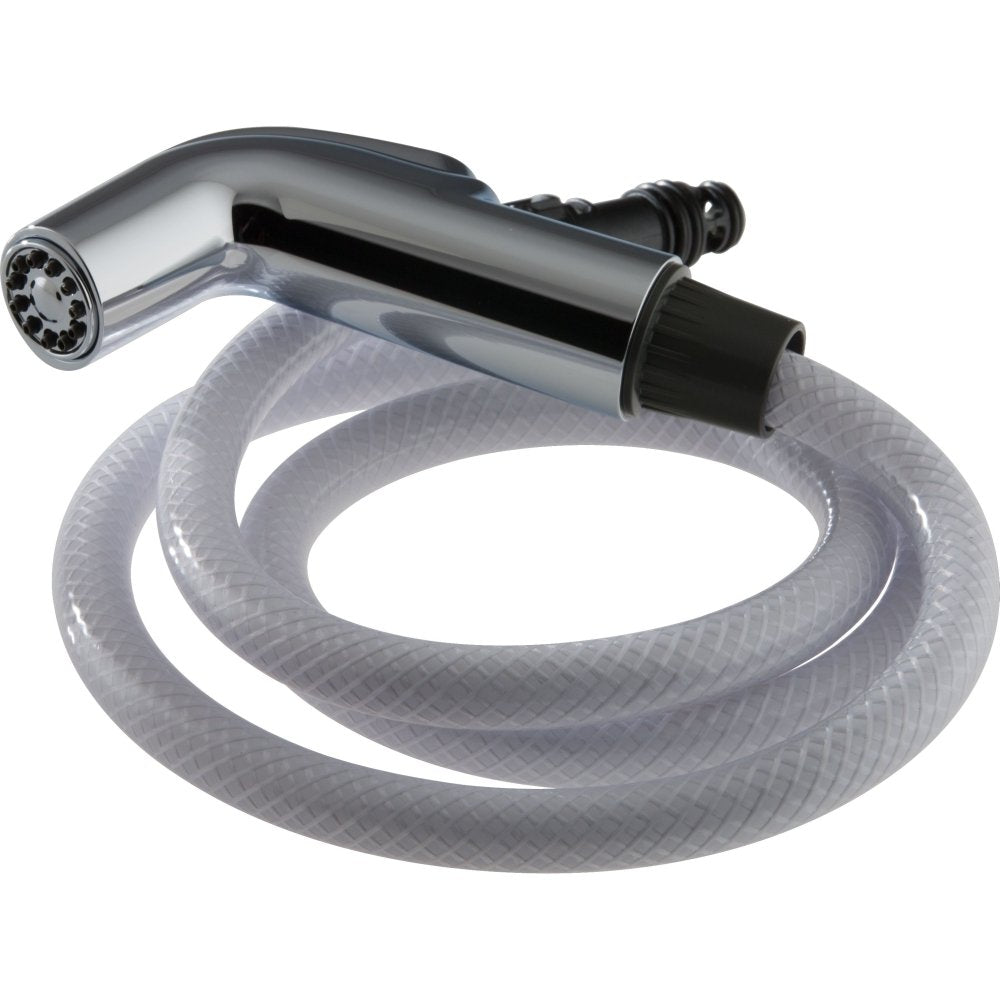 Stainless steel side spray with multiple spray settings attached to clear flexible hose with black connector.