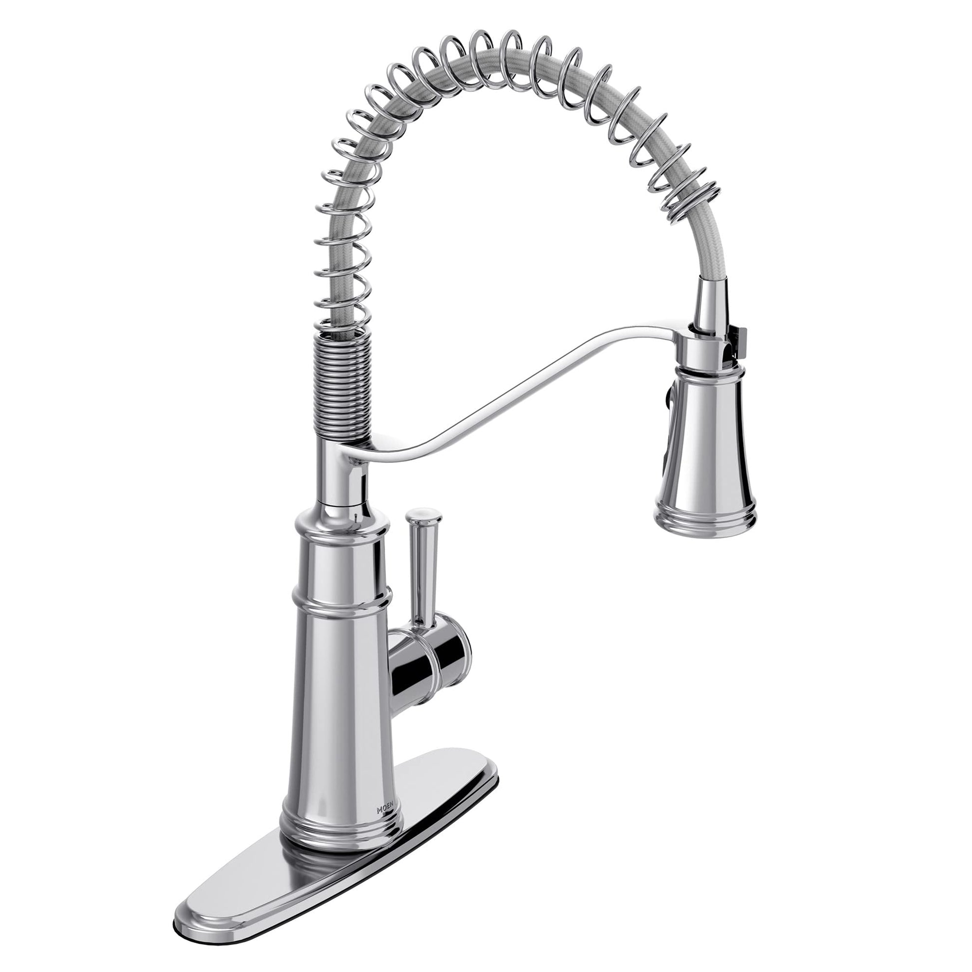 Chrome kitchen faucet with coiled spring spout, single handle, and rectangular base plate.
