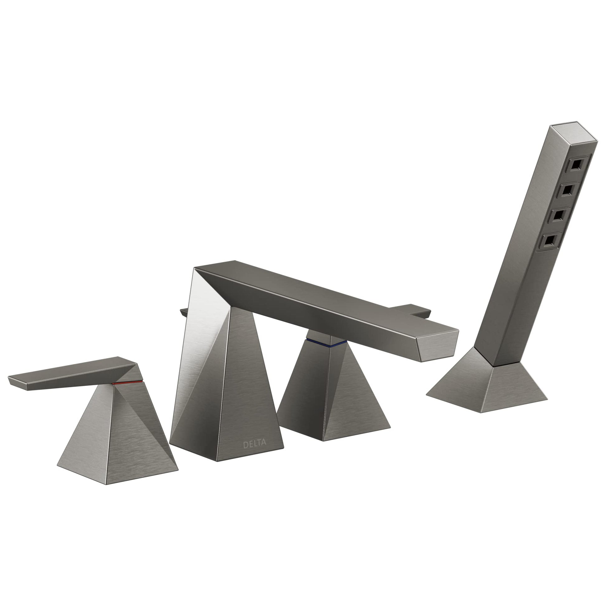 Chrome Roman tub faucet trim with two triangular handles, curved spout, and tall hand shower wand.