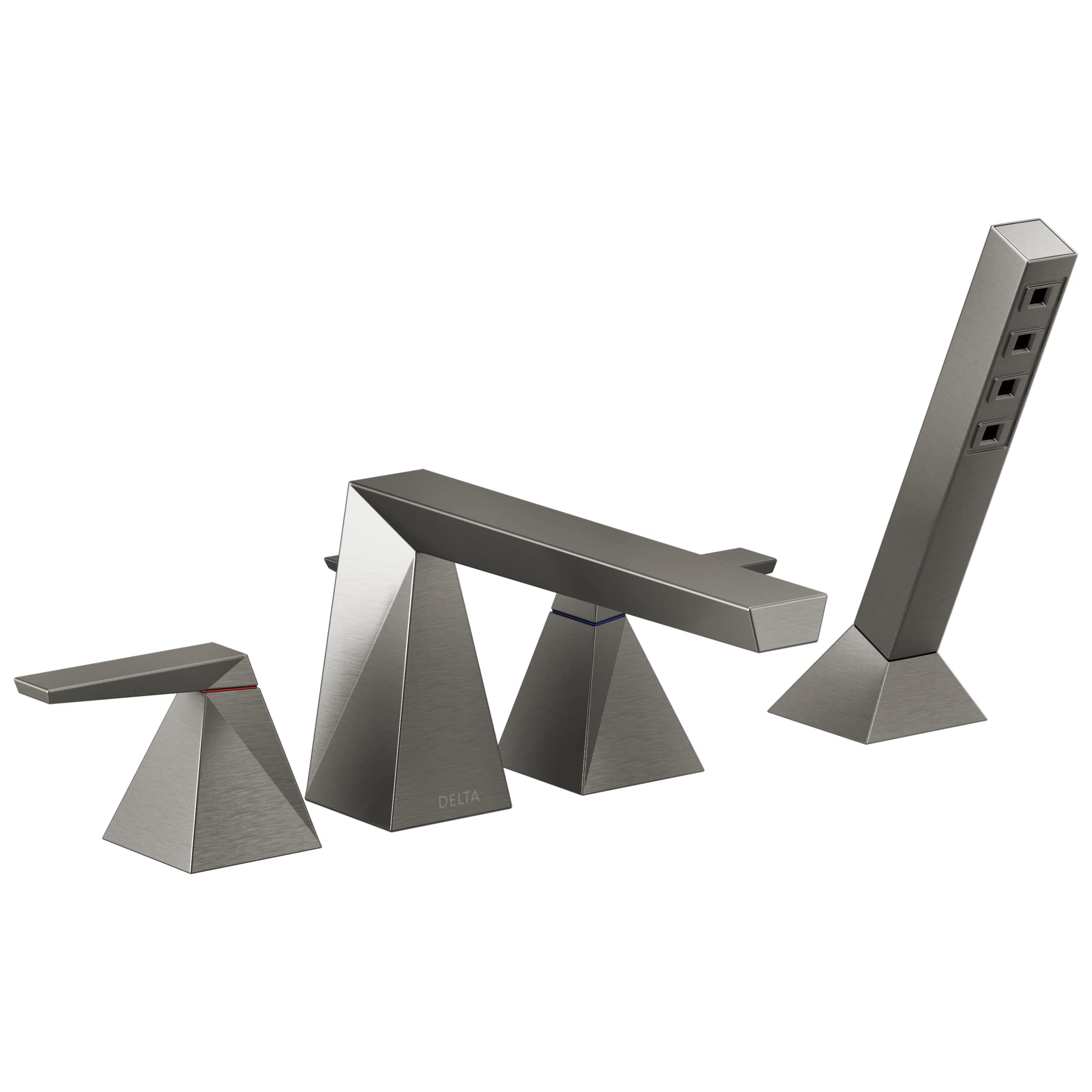 Chrome Roman tub faucet trim with two triangular handles, curved spout, and tall hand shower wand.