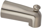 Stainless steel tub spout with pull-up diverter and rounded knob on curved body.