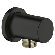Matte black wall union with cylindrical body and threaded metal connector on bottom.