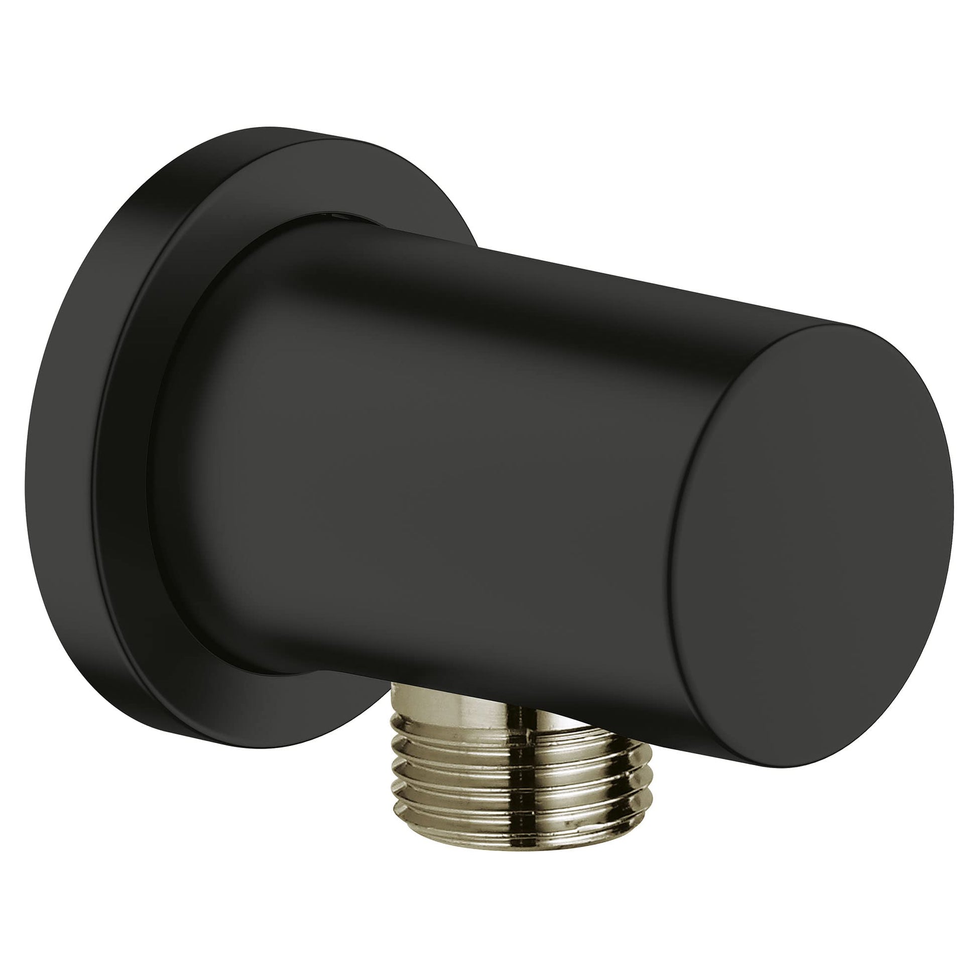Matte black wall union with cylindrical body and threaded metal connector on bottom.
