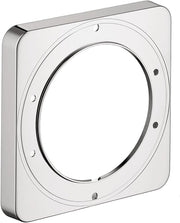 Chrome square escutcheon plate with circular center opening and mounting holes for thermostatic valve trim.