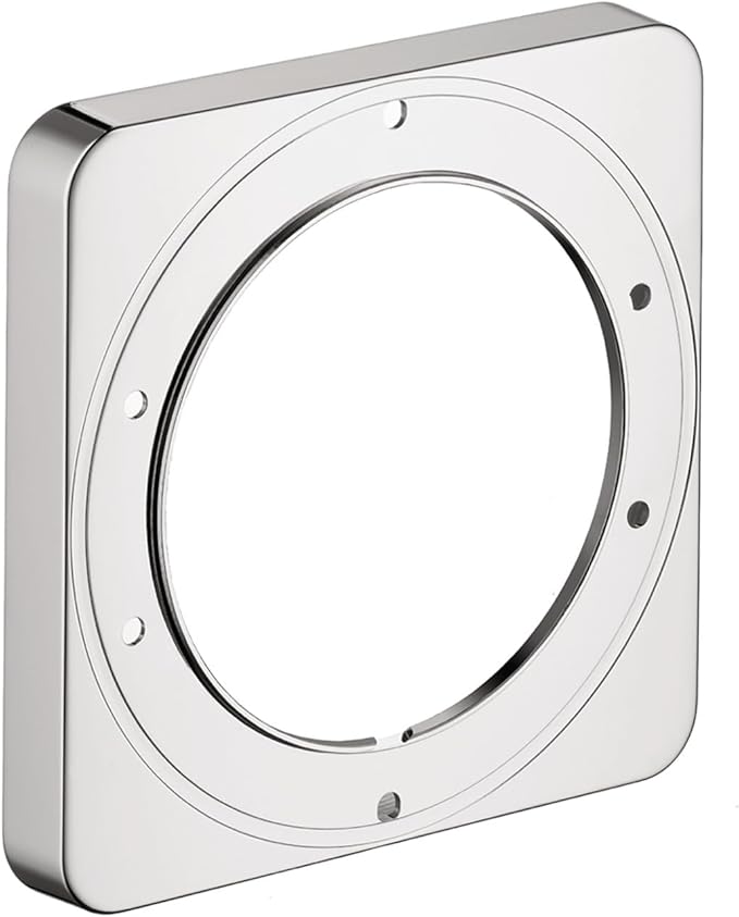 Chrome square escutcheon plate with circular center opening and mounting holes for thermostatic valve trim.
