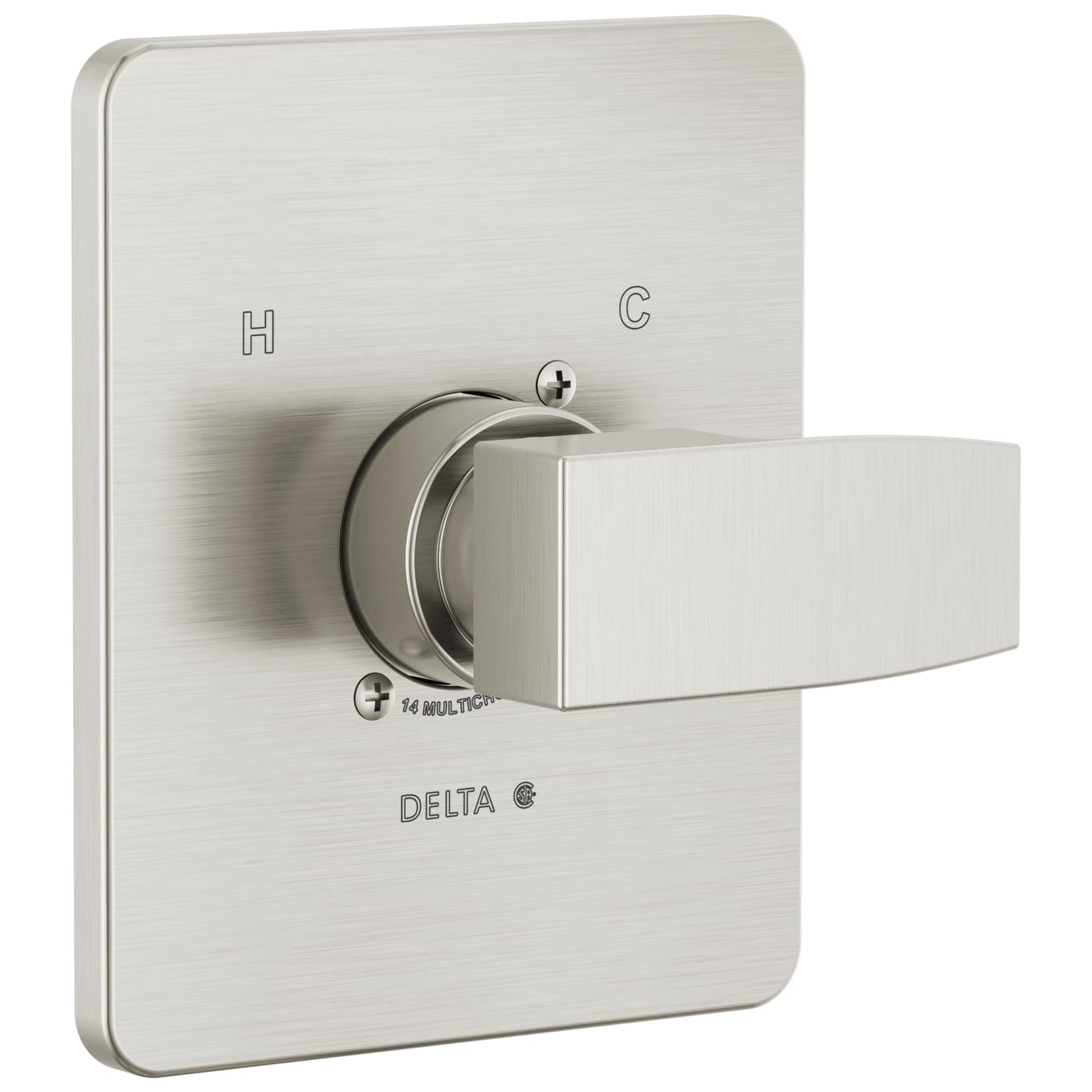 Brushed nickel rounded square valve trim with single lever handle and hot/cold indicators.