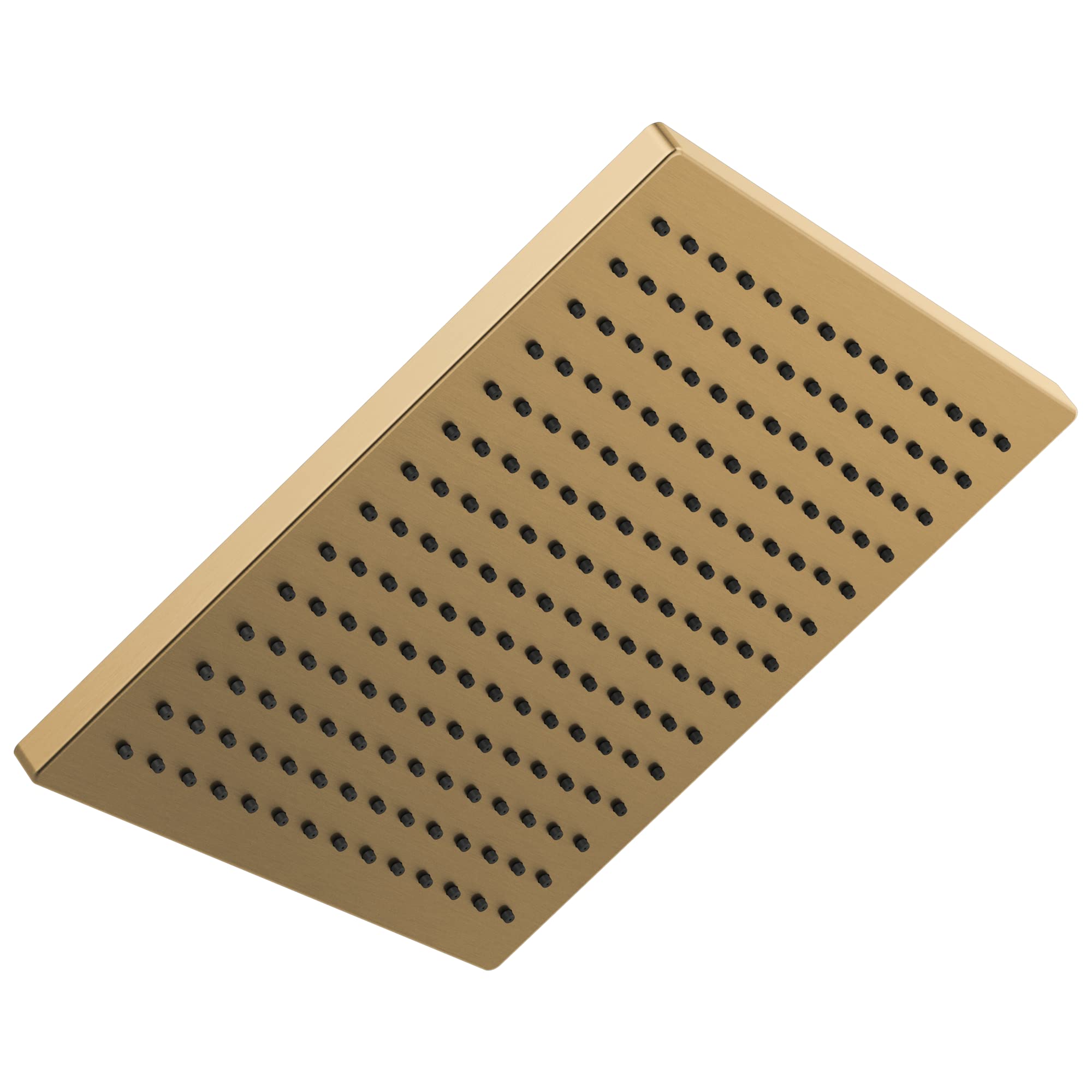 Square brass raincan shower head with evenly spaced perforations across the surface.