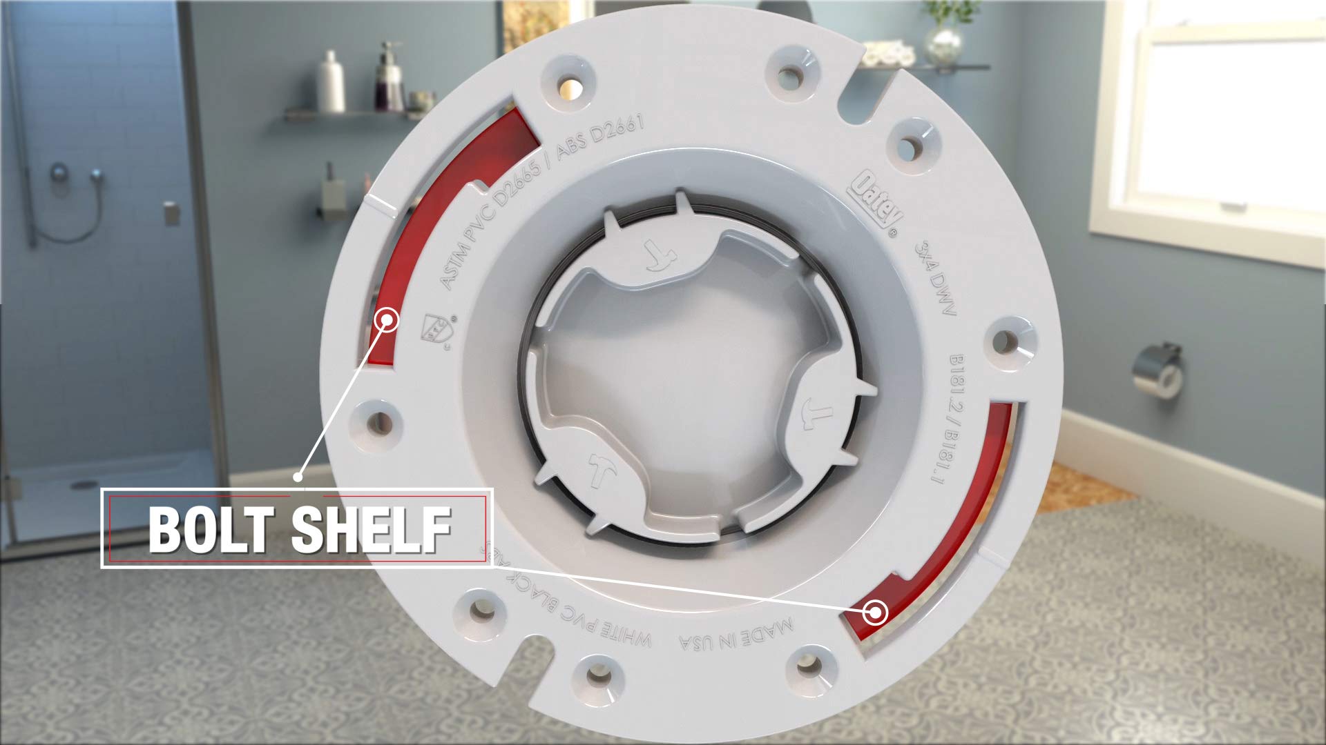 White PVC closet flange with central opening, bolt holes around perimeter, and red plastic ring component visible from above.