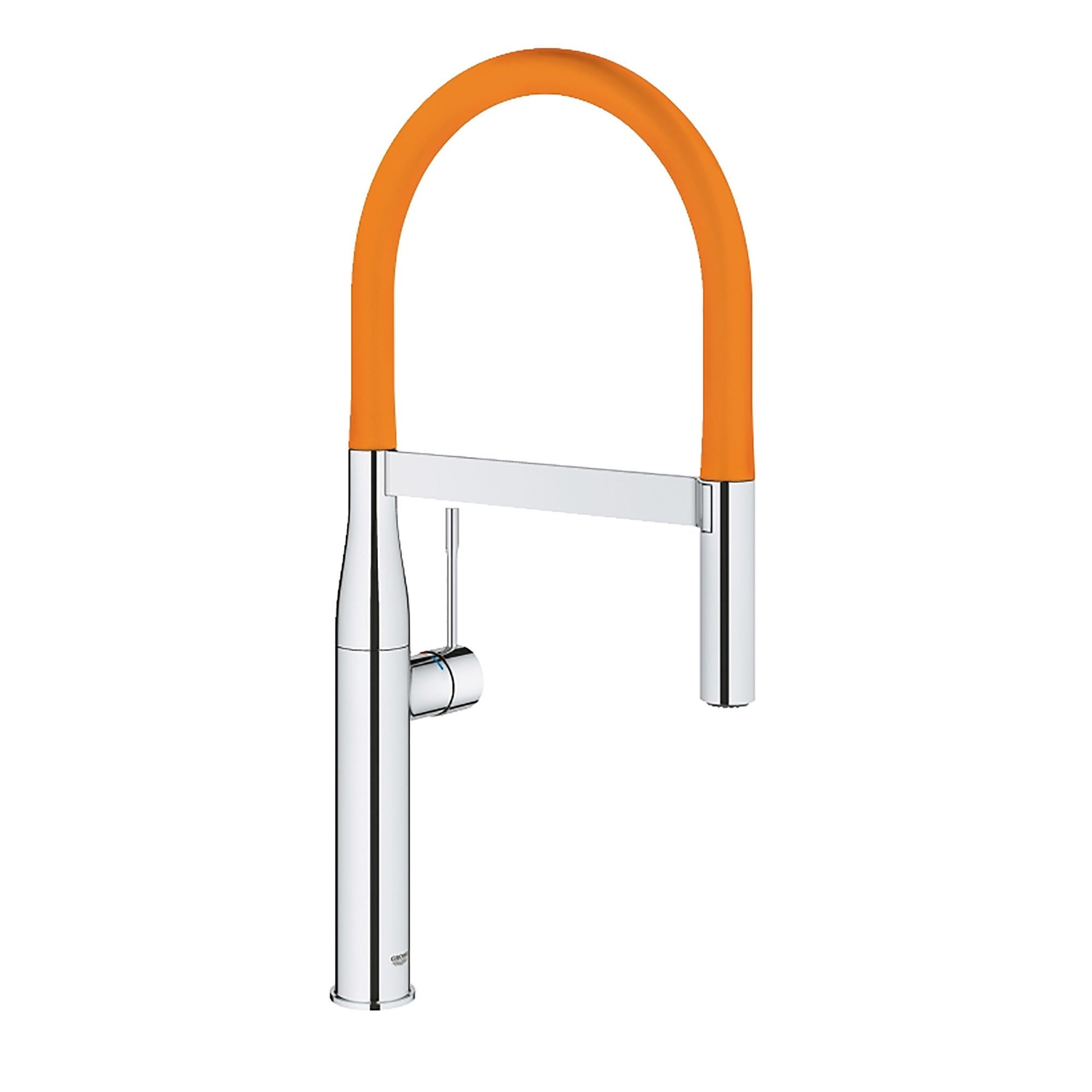 Chrome kitchen faucet with orange flexible hose spout and single handle lever control.