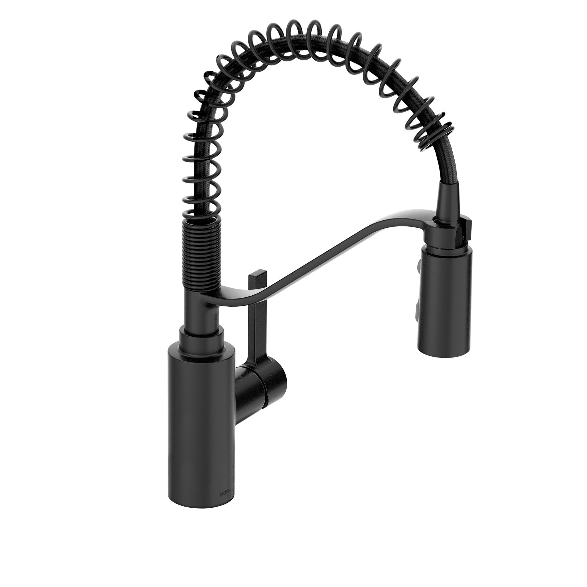 Matte black kitchen faucet with flexible coiled sprayer head and single handle control on cylindrical base.