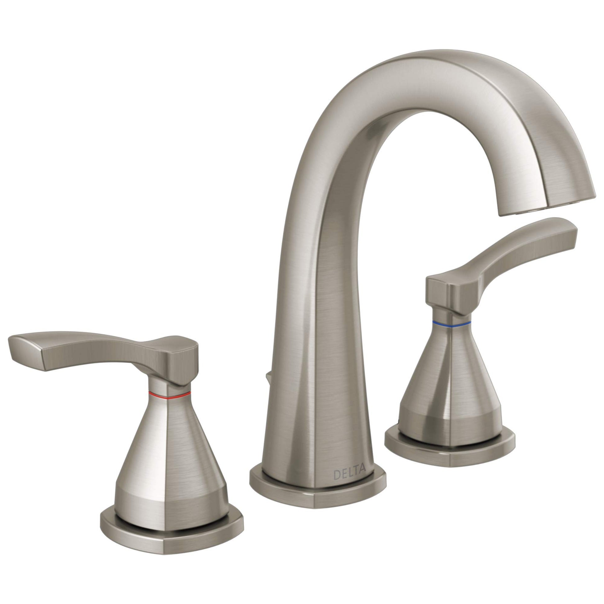 Brushed nickel three-piece bathroom faucet with arched spout and matching lever handles on circular bases.