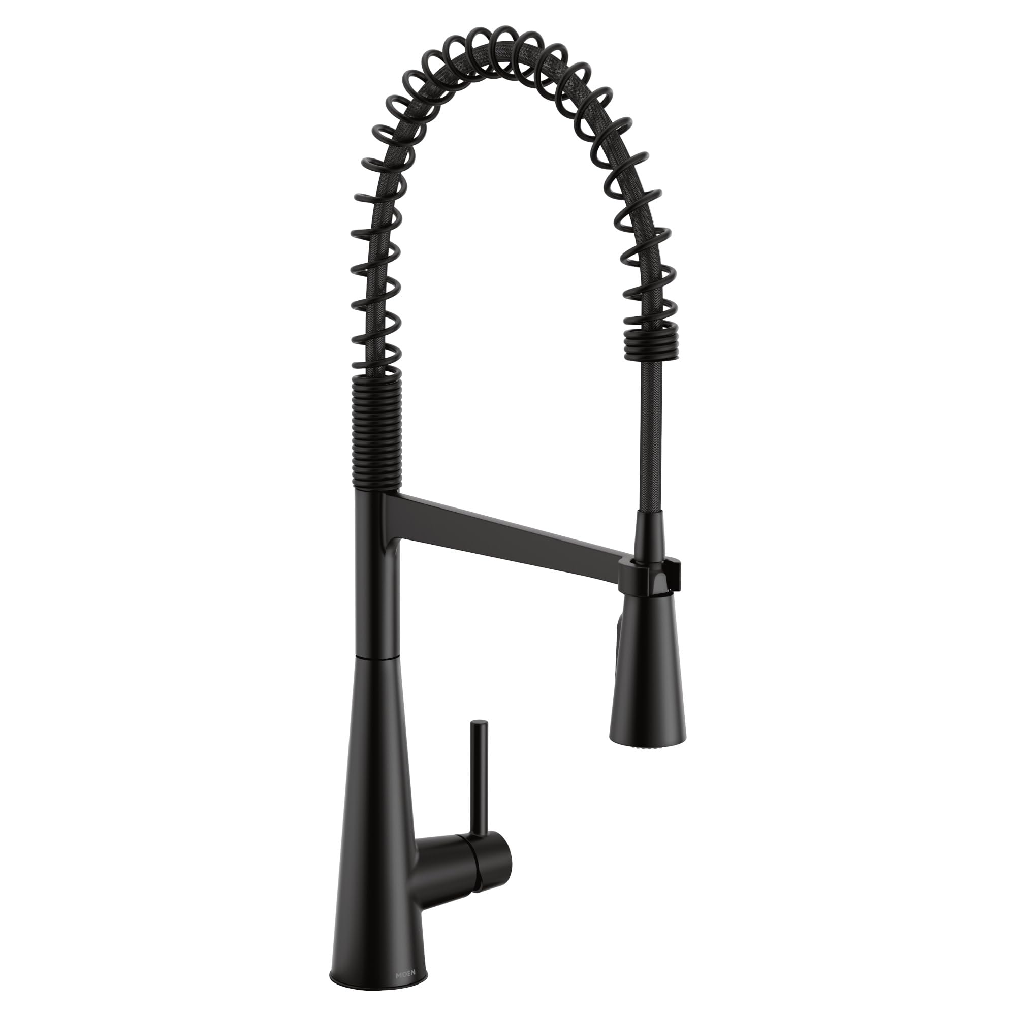 Matte black kitchen faucet with high arc spout, coiled pulldown hose, and single side handle.