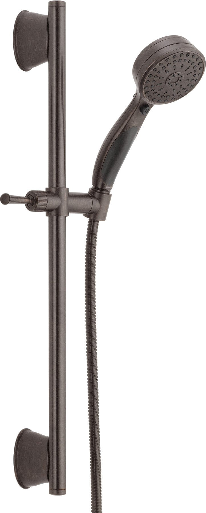 Bronze hand shower with perforated head mounted on vertical slide bar with adjustment lever and two mounting brackets.