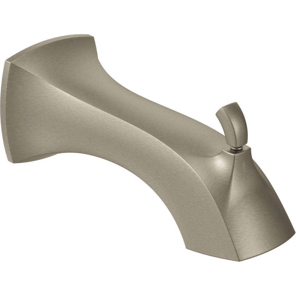 Brushed nickel curved tub spout with angled outlet and lever-style diverter connection.