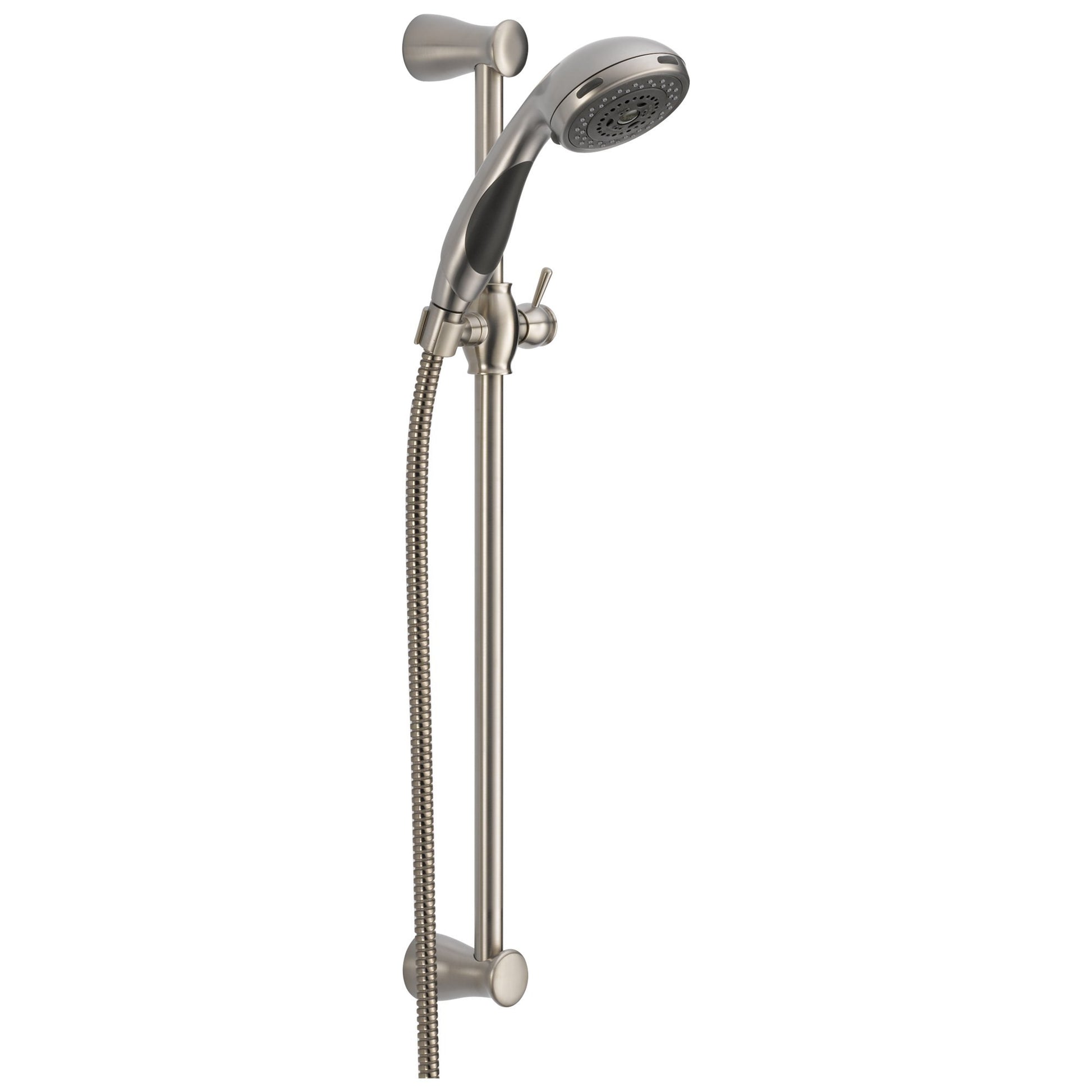 Brushed nickel hand shower with adjustable slide bar, flexible hose, and wall mount bracket.