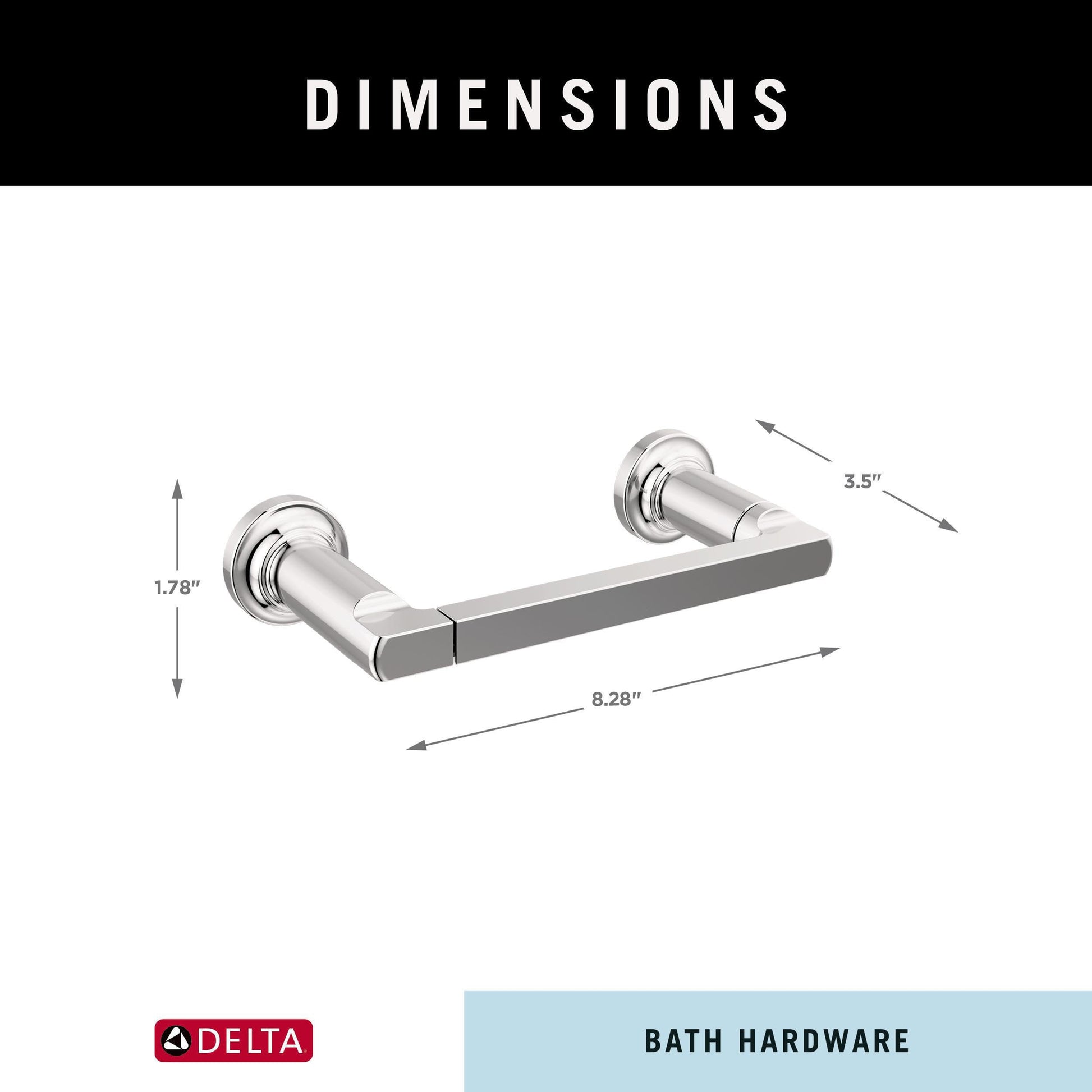 Chrome tissue holder with cylindrical supports and horizontal bar, 8.28" wide by 1.78" tall by 3.5" deep.