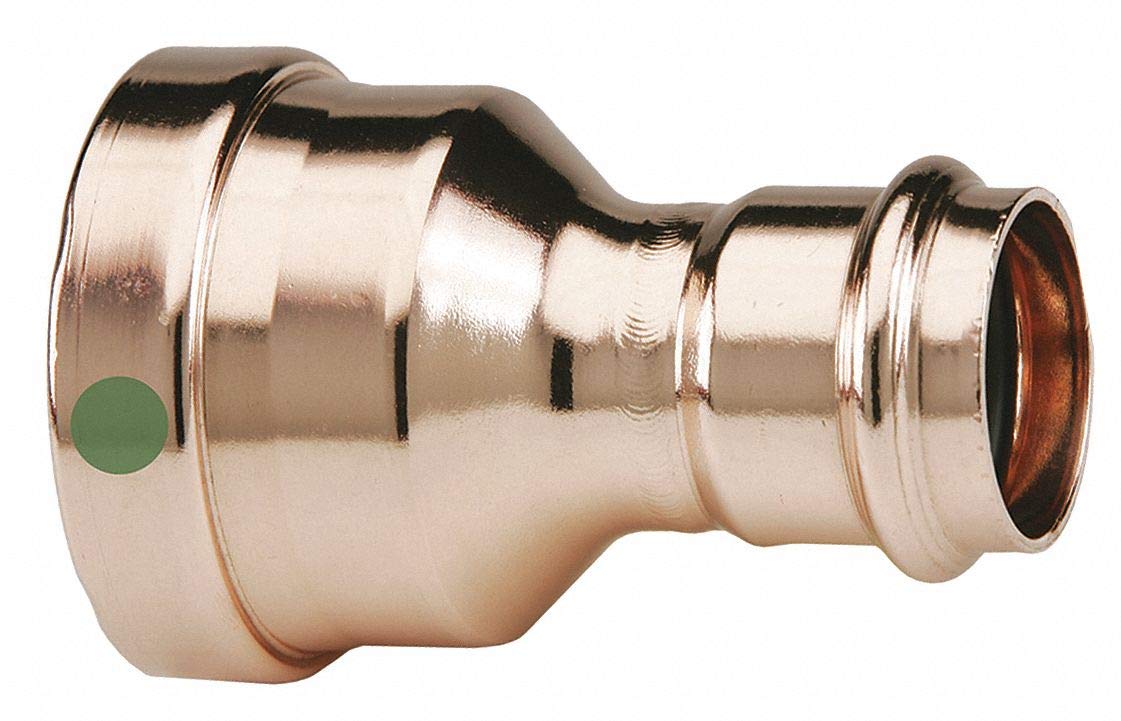Copper press reducer fitting with larger diameter on left side, smaller diameter on right side, and green identification dot.