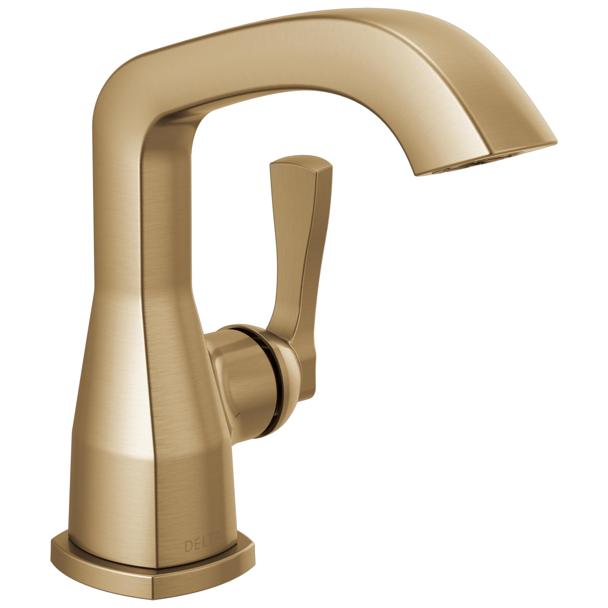 Champagne bronze single-handle bathroom faucet with curved spout and rectangular lever handle.