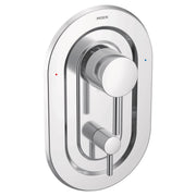 Chrome shower valve trim kit with round escutcheon plate, central lever handle, and lower diverter control with red and blue 