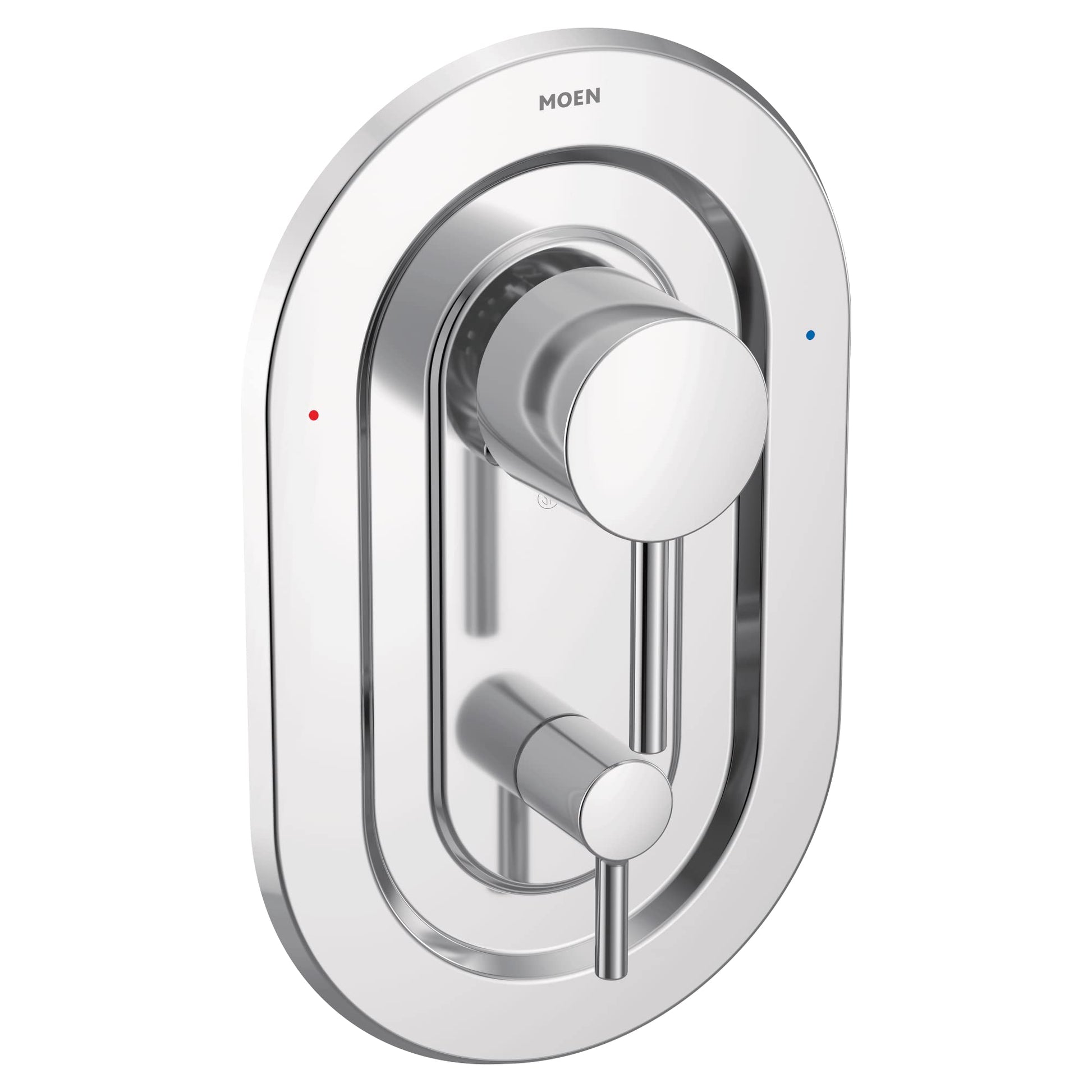 Chrome shower valve trim kit with round escutcheon plate, central lever handle, and lower diverter control with red and blue 
