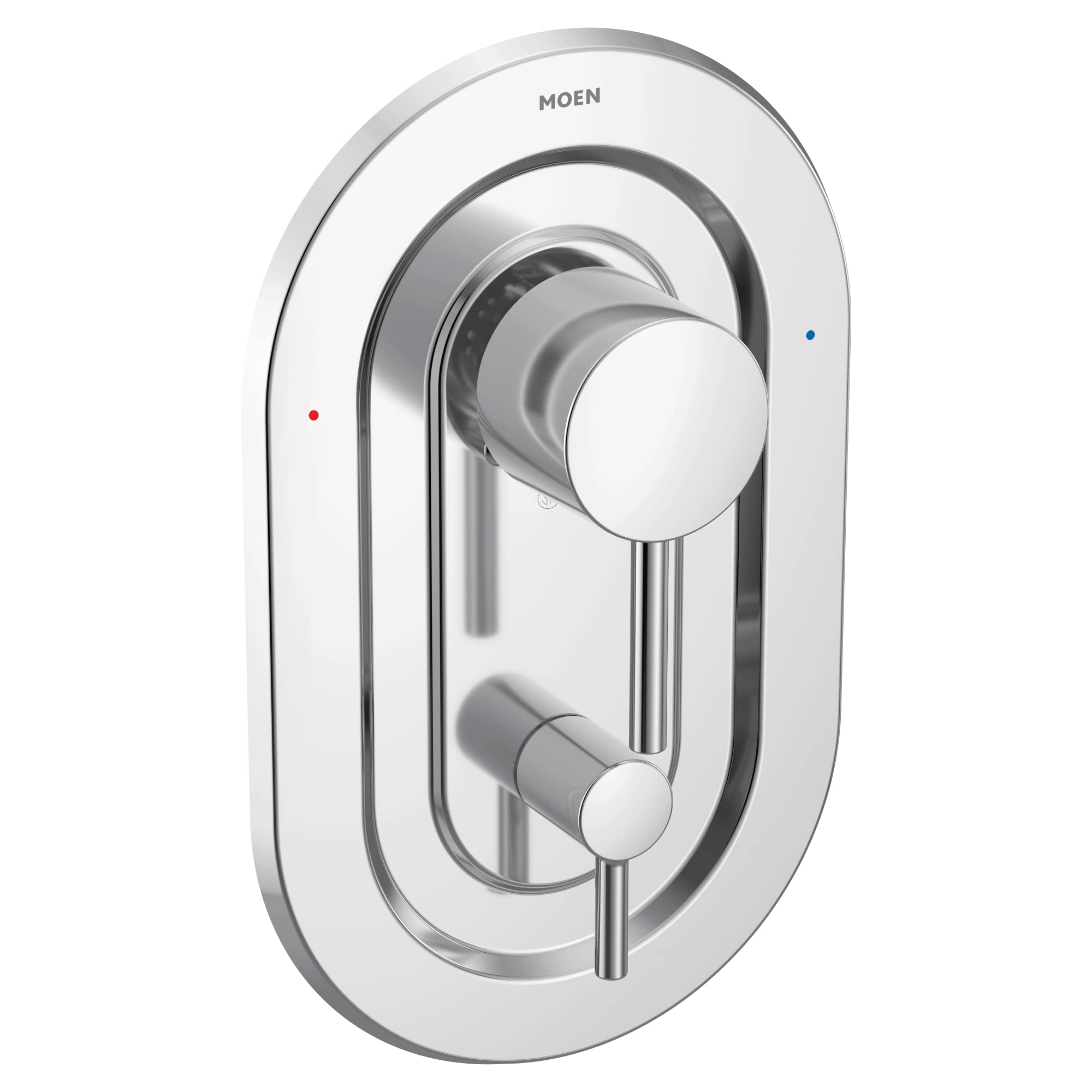 Chrome shower valve trim kit with round escutcheon plate, central lever handle, and lower diverter control with red and blue 