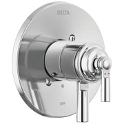 Chrome shower valve trim with round escutcheon plate, single lever handle, and temperature control indicator dots.