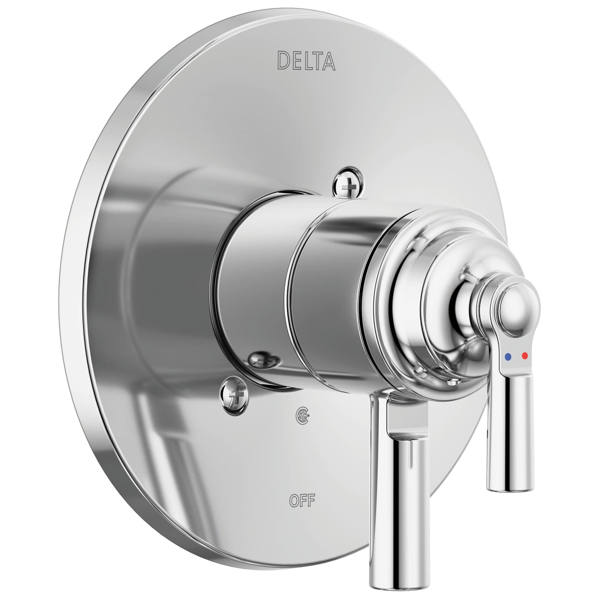 Chrome shower valve trim with round escutcheon plate, single lever handle, and temperature control indicator dots.