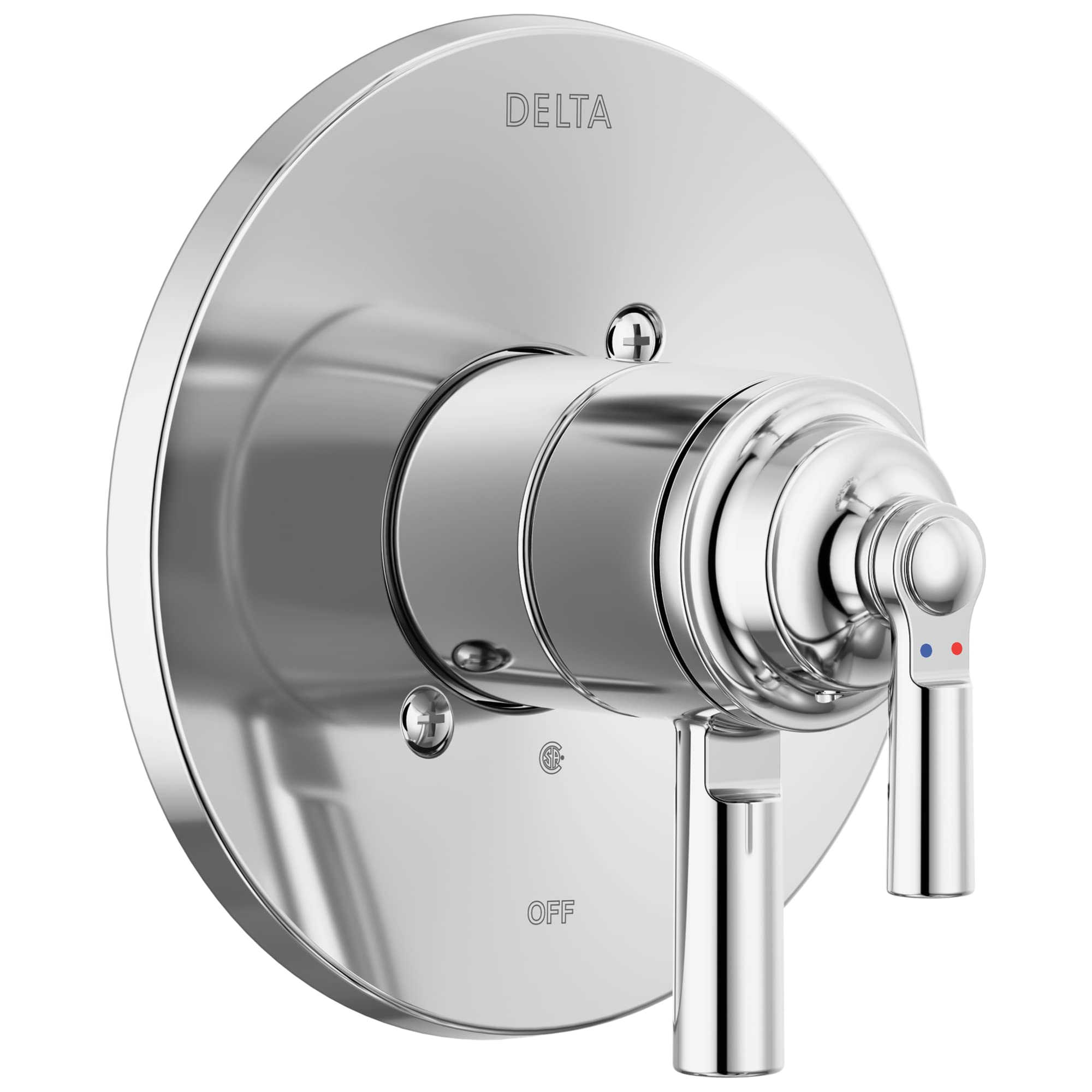 Chrome shower valve trim with round escutcheon plate, single lever handle, and temperature control indicator dots.