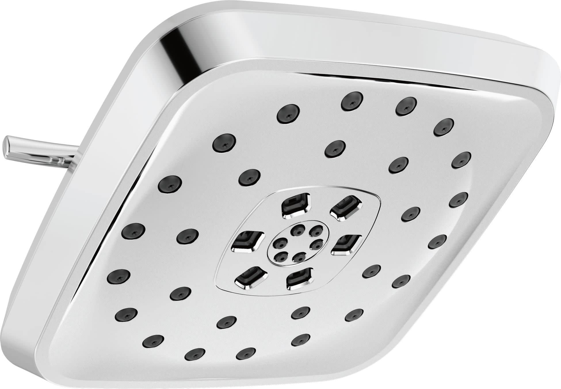 Square white shower head with multiple spray jets and central control dial, chrome arm attachment visible.