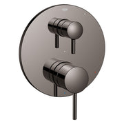 Grohe Timeless hard graphite pressure balance valve trim with two cylindrical handles and circular escutcheon plate.