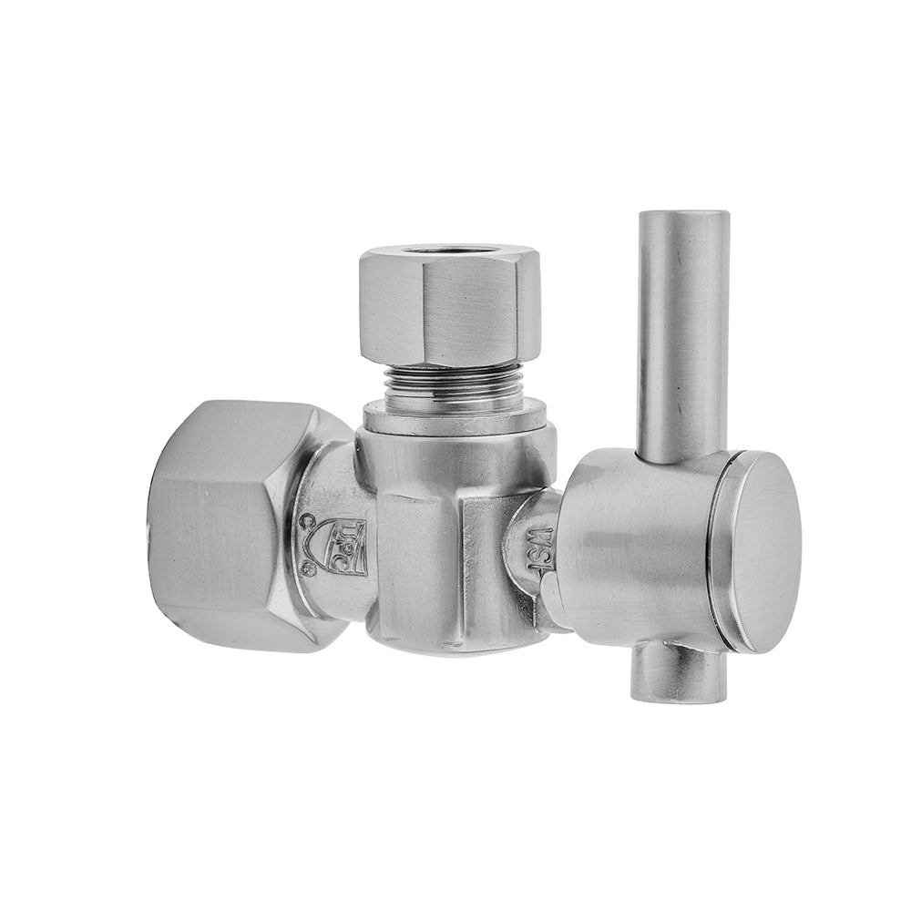 Satin brass angle supply valve with two lever handles and threaded ports for water line connections.