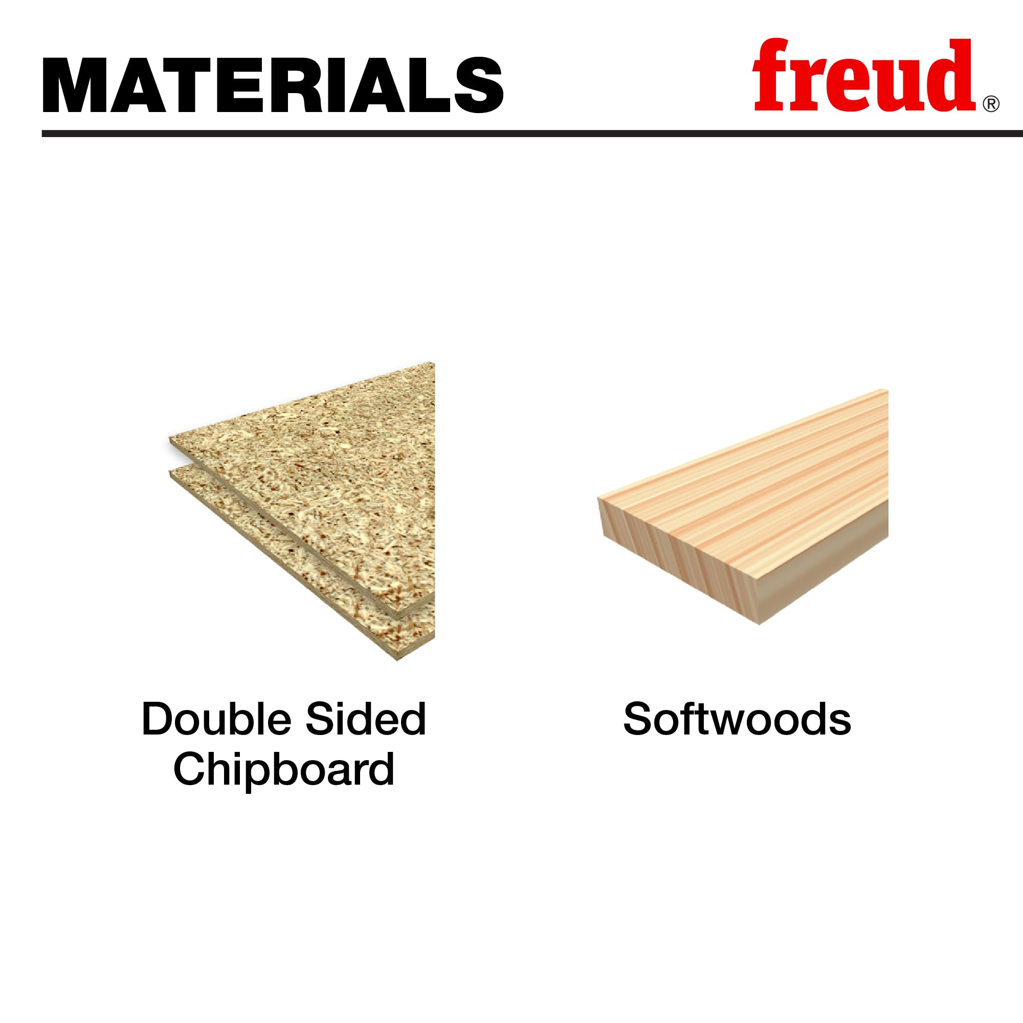 Freud 120mm conical scoring blade shown with compatible materials: chipboard and softwood.