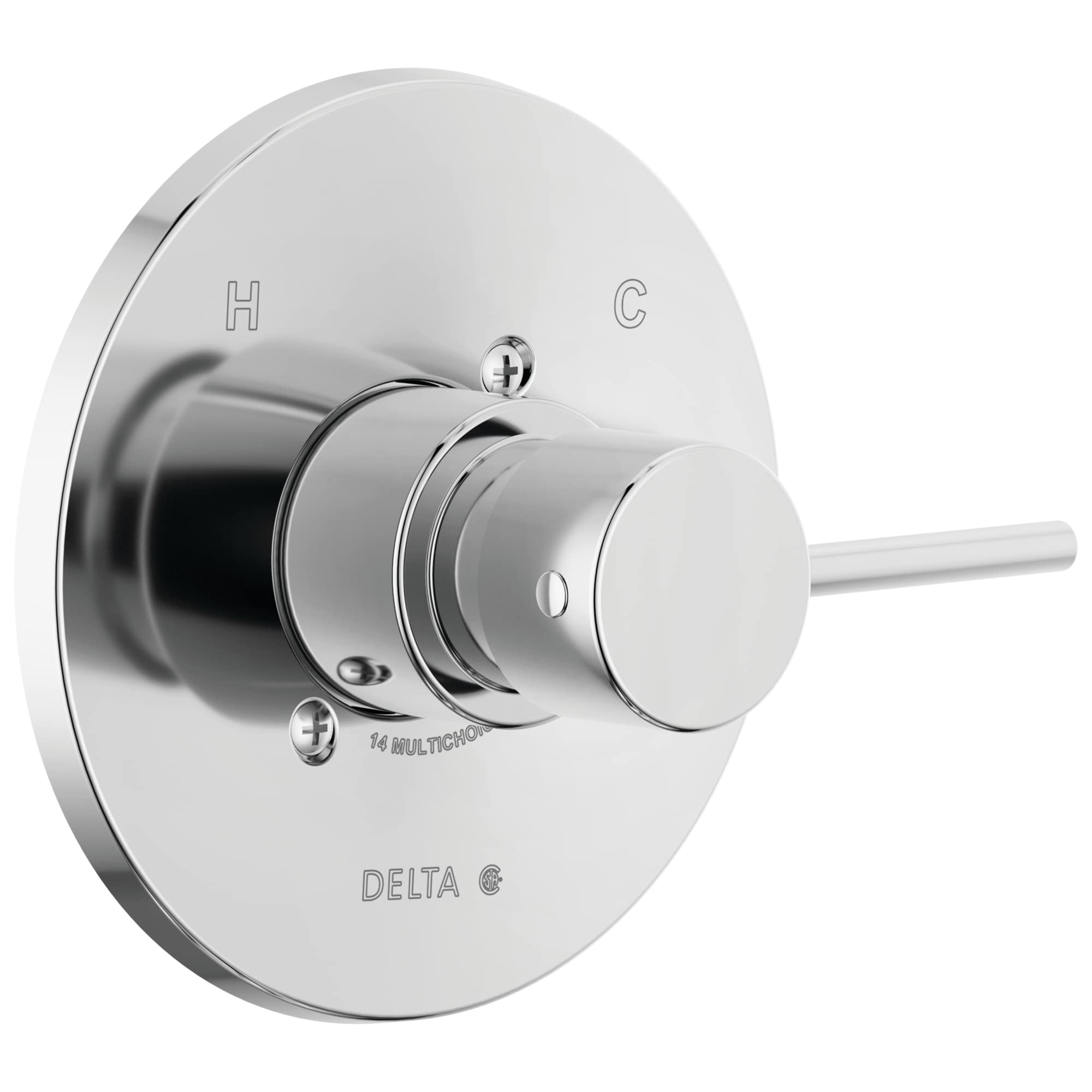 Chrome shower valve trim with round escutcheon plate, single lever handle, and hot/cold indicators marked H and C.