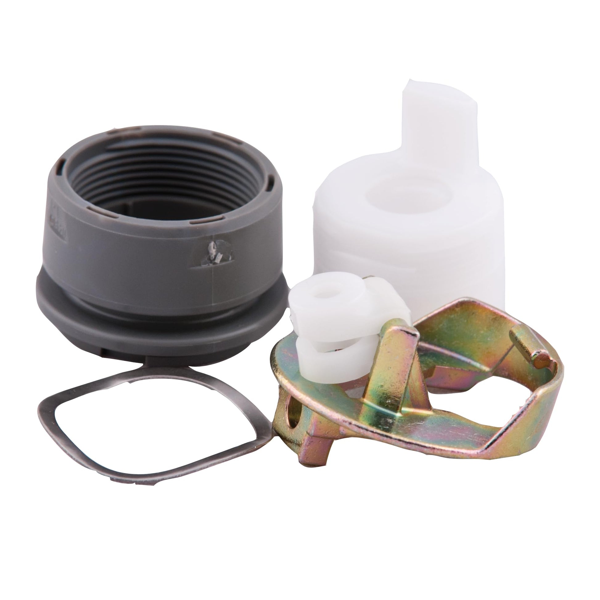 Chrome threaded nut, white plastic stopper and lever components, rubber gasket, and brass metal bracket assembly for lavatory