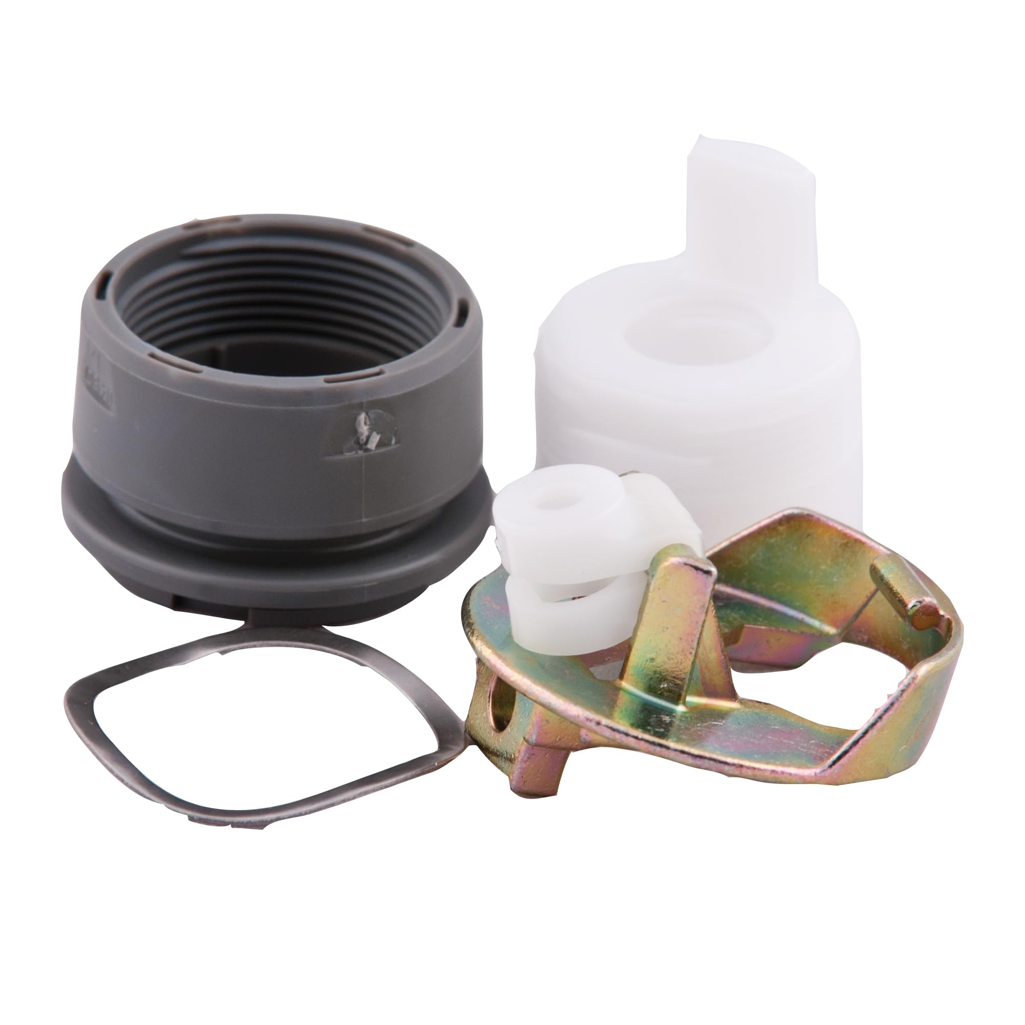 Chrome threaded nut, white plastic stopper and lever components, rubber gasket, and brass metal bracket assembly for lavatory