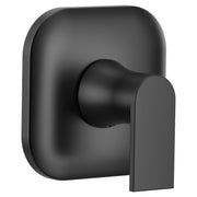 Matte black single-handle shower valve trim with rounded rectangular escutcheon plate and cylindrical lever handle.
