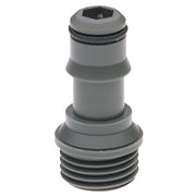 Gray plastic coupling piece with threaded male connection on bottom and socket inlet on top.