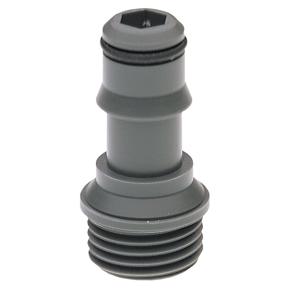 Gray plastic coupling piece with threaded male connection on bottom and socket inlet on top.