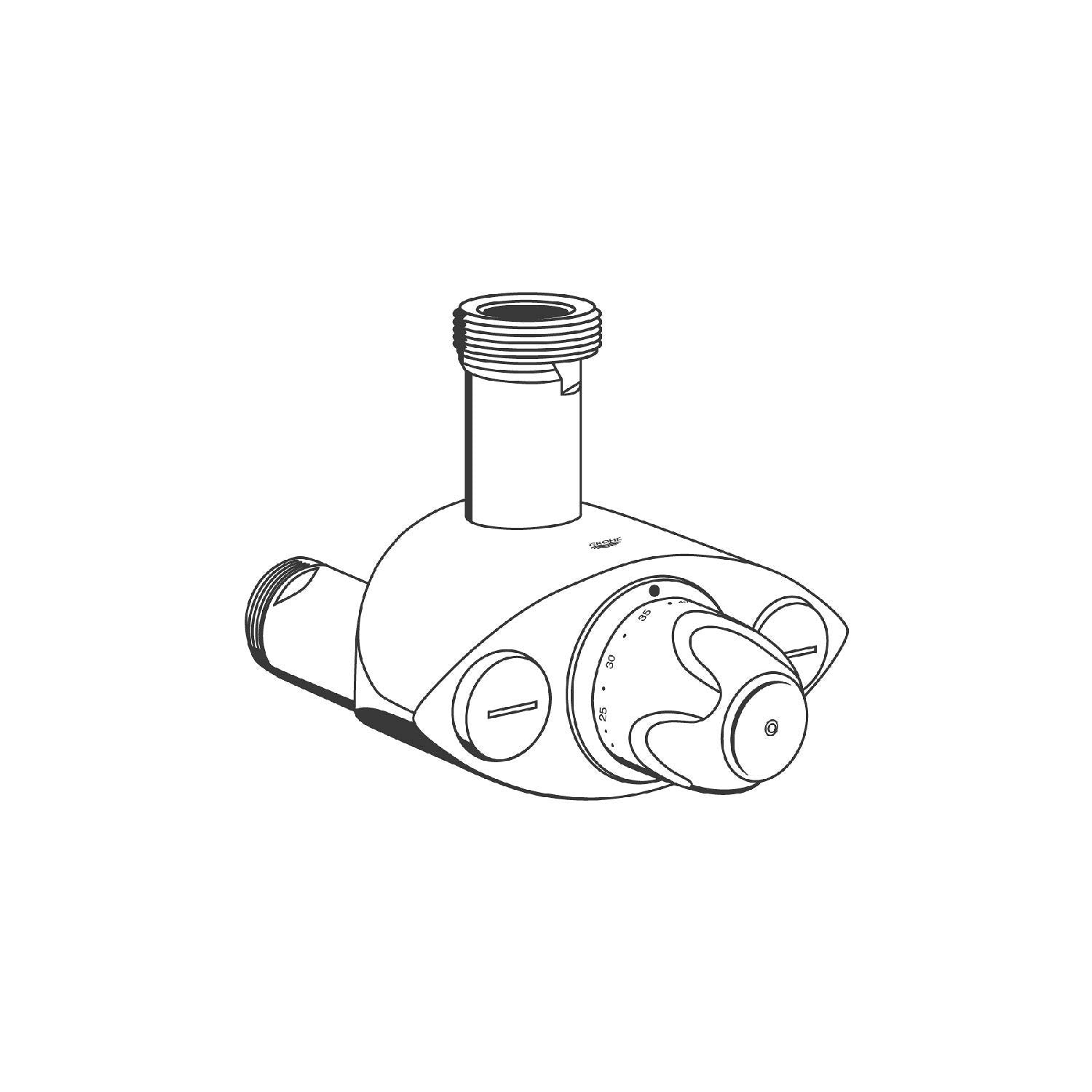 Grohe chrome non-return valve with threaded connections and control knobs shown in technical line drawing.