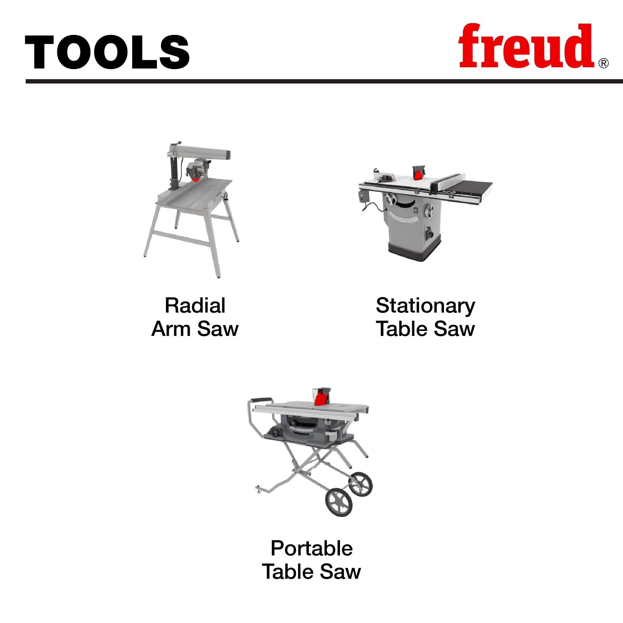 Three Freud woodworking saws: radial arm saw, stationary table saw, and portable table saw with wheels.