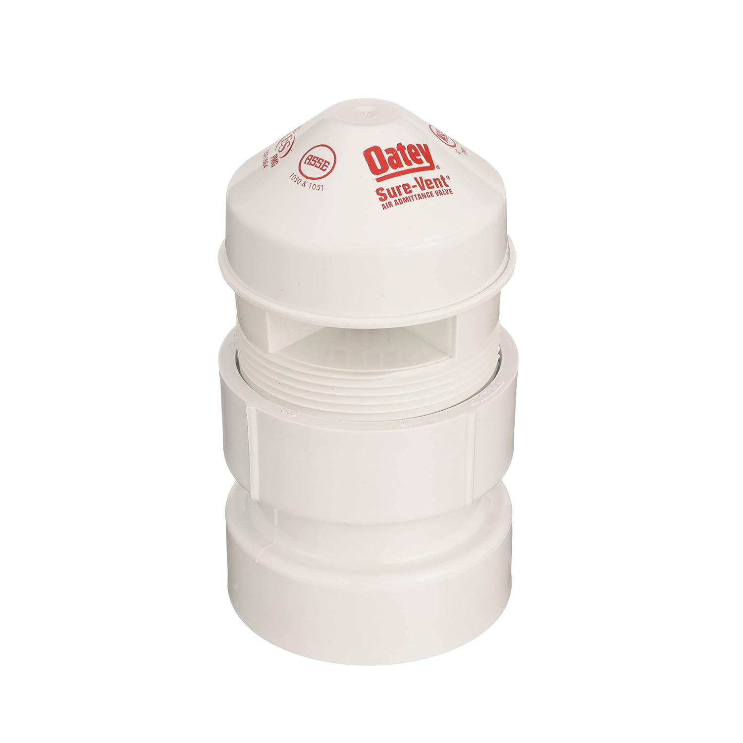 White PVC air admittance valve with threaded adapter and domed top marked Oatey Sure-Vent.