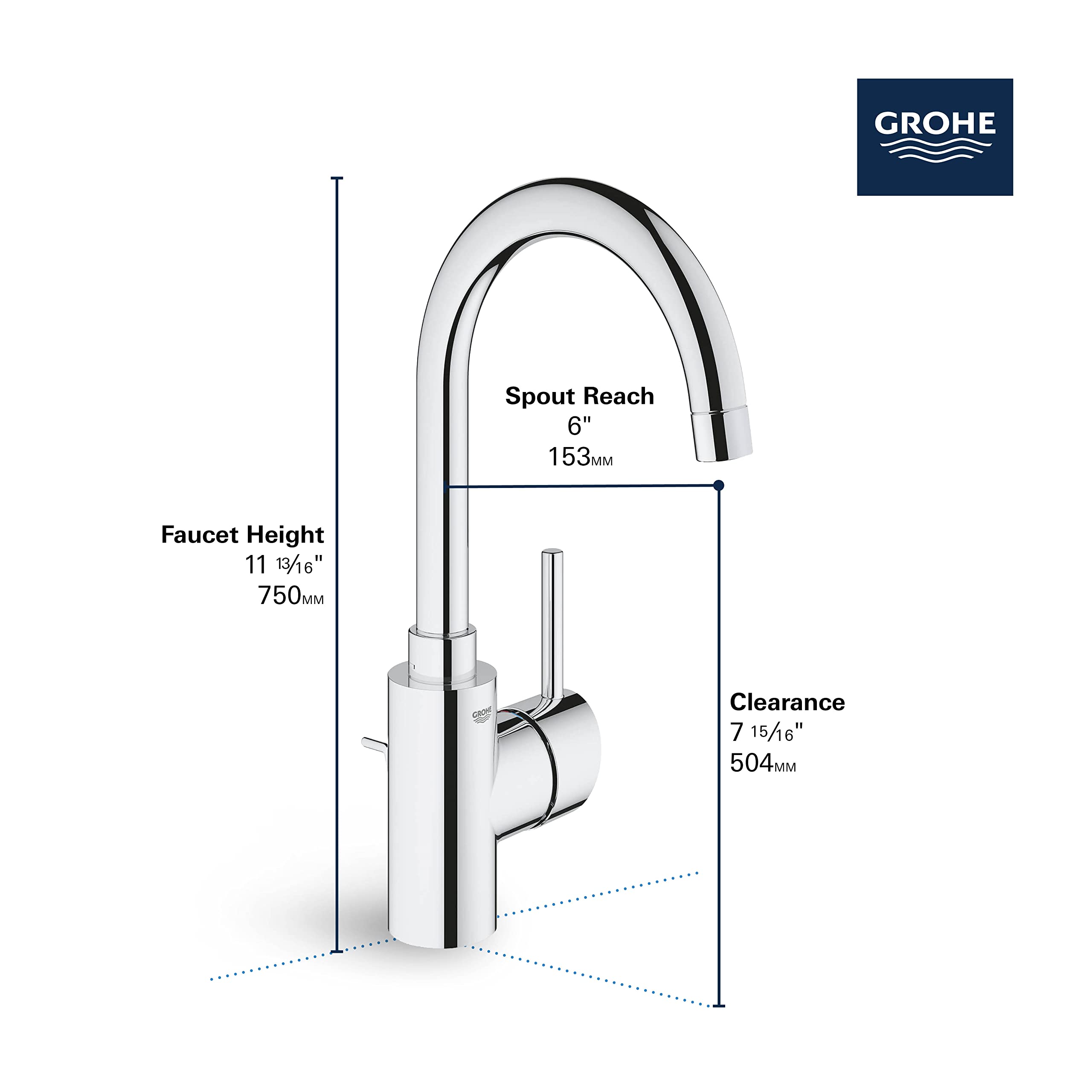 Chrome single-handle bathroom faucet with tall curved spout and single control lever on cylindrical base.