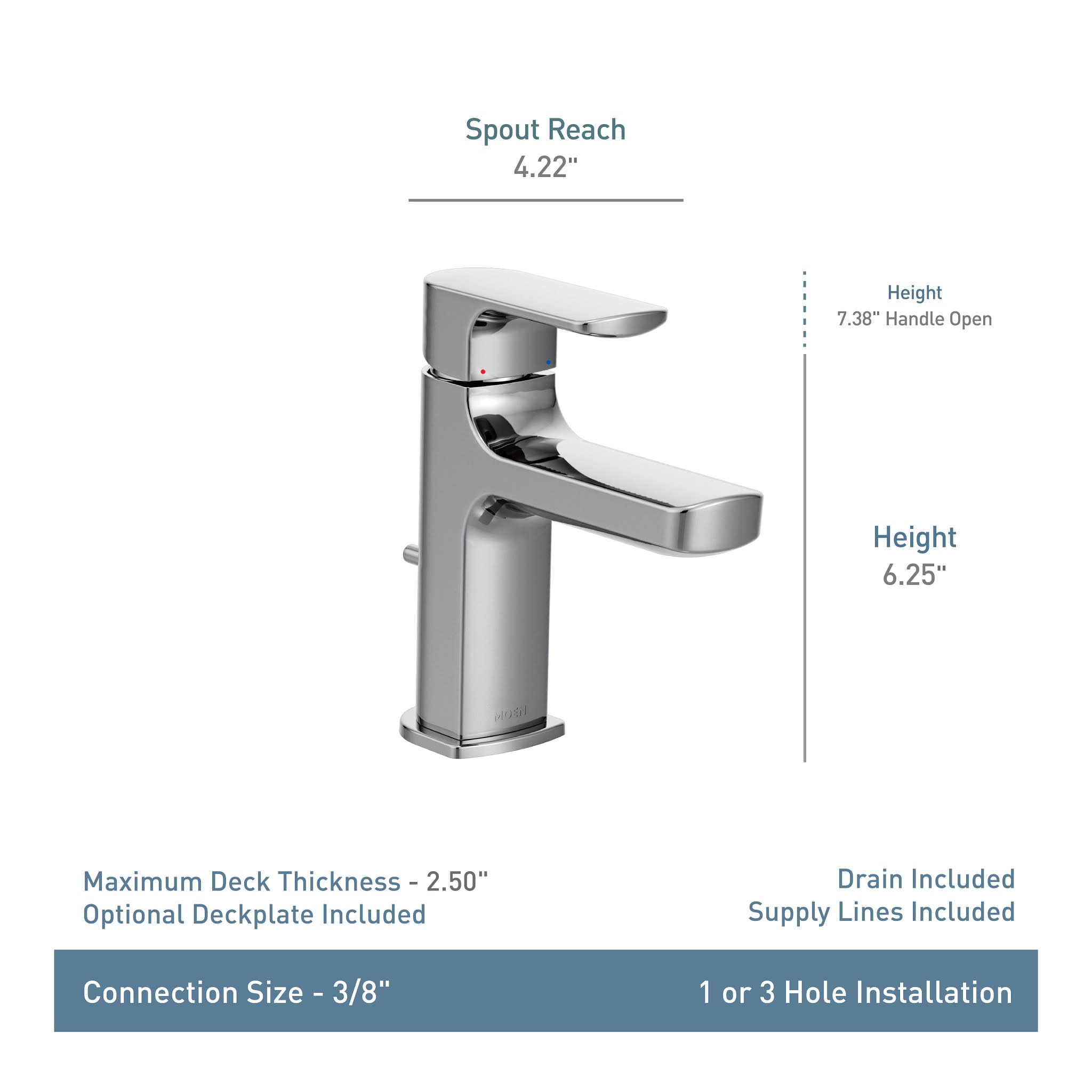 Chrome single-handle bathroom faucet with curved spout, 6.25" height, and angular modern design shown with dimensions and spe