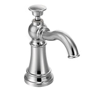 Chrome kitchen soap dispenser with traditional design, curved spout, and wide pump head.