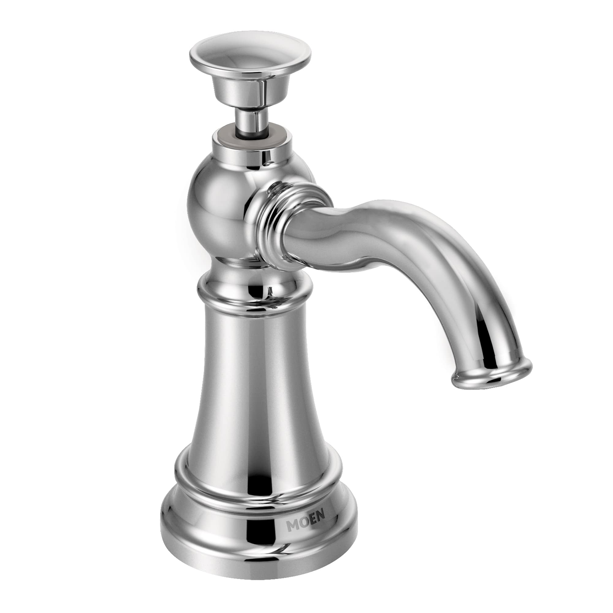 Chrome kitchen soap dispenser with traditional design, curved spout, and wide pump head.