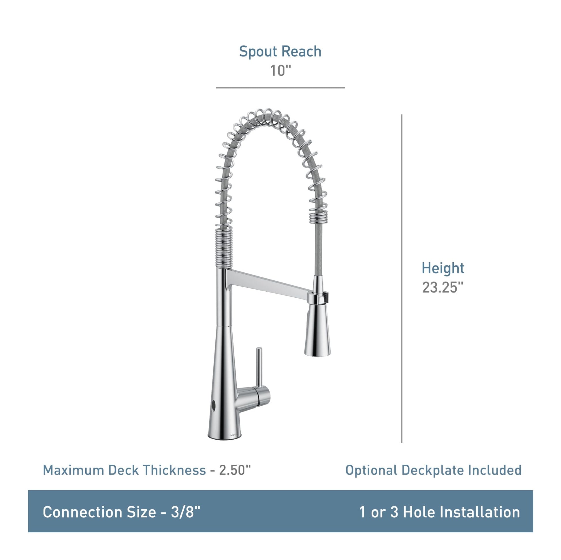 Matte black single-handle pulldown kitchen faucet with high arc spout, 23.25" height, 10" reach, and coiled spray hose.