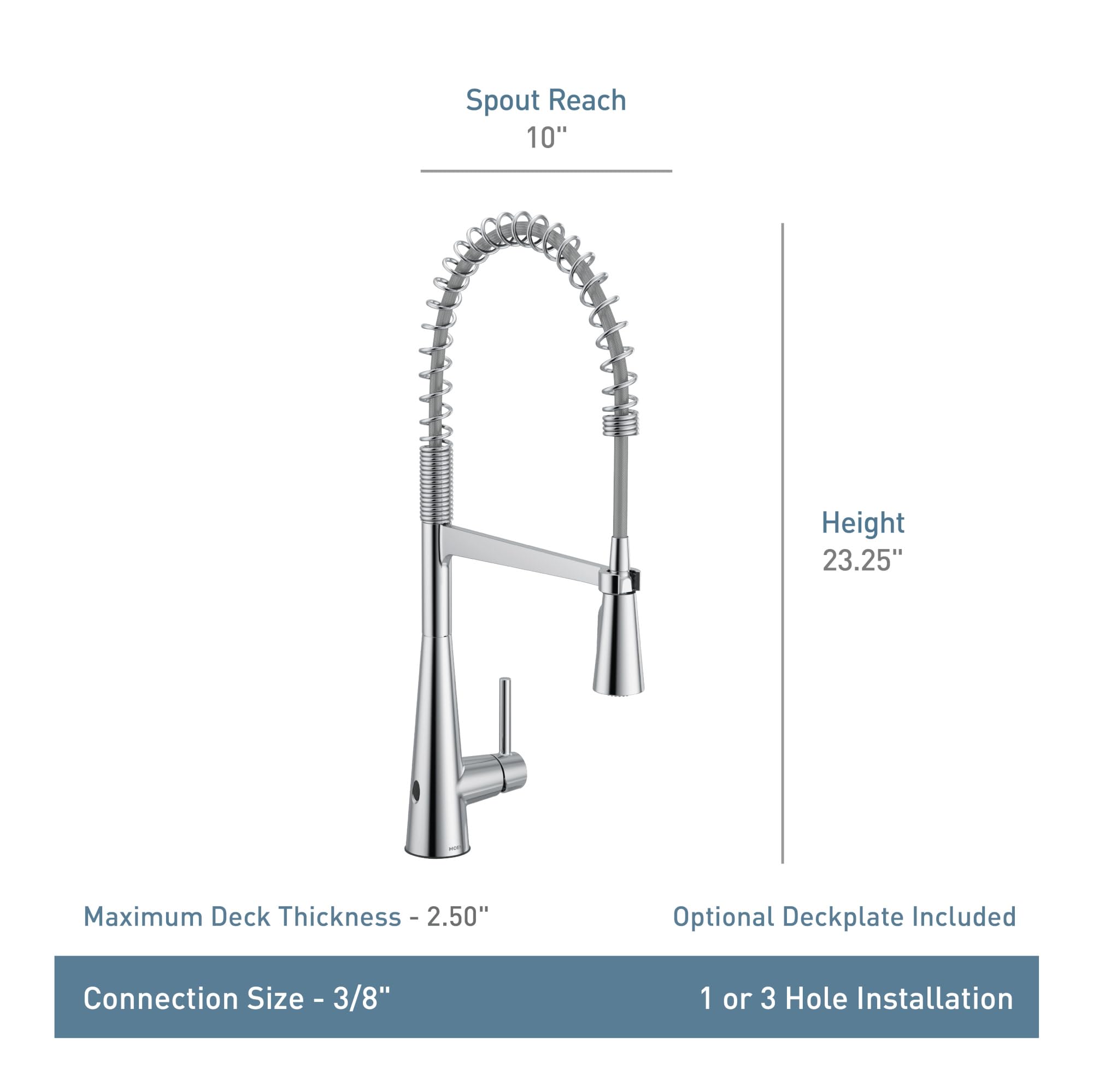 Matte black single-handle pulldown kitchen faucet with high arc spout, 23.25" height, 10" reach, and coiled spray hose.