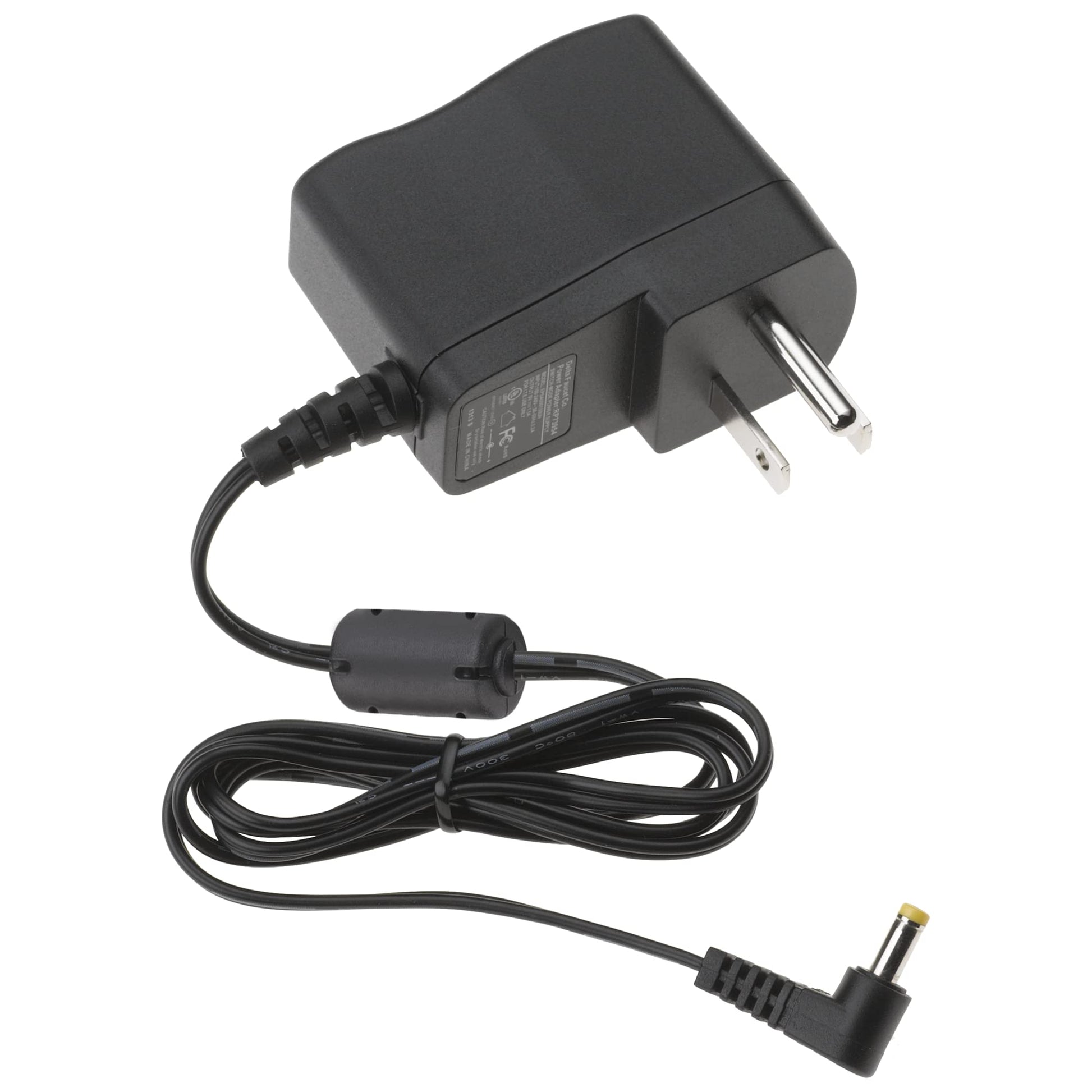 Black Delta AC power supply with wall plug prongs, cord, and barrel connector jack.
